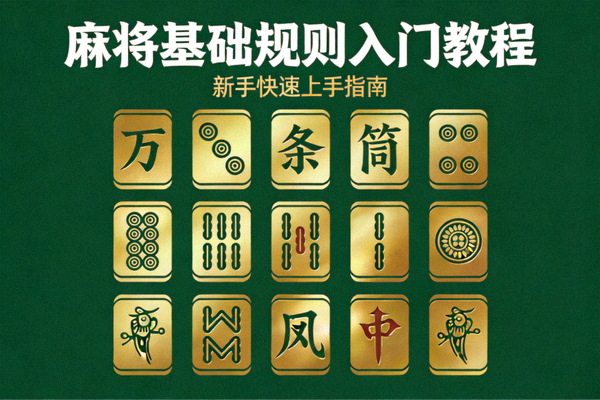 麻将基础规则入门教程封面，深绿色背景金色麻将图案