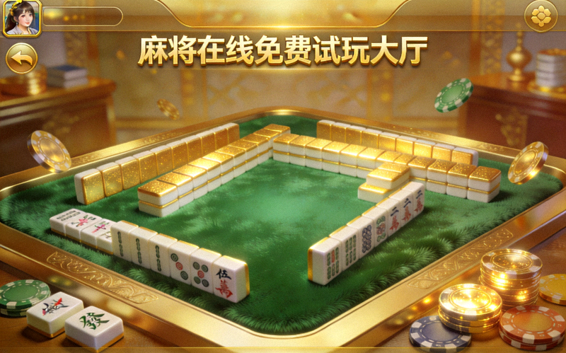 麻将在线免费试玩大厅界面，金色牌桌旁边有麻将牌筹码和绿色牌垫