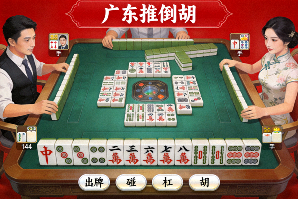 广东推倒胡麻将游戏画面，红色背景白色文字